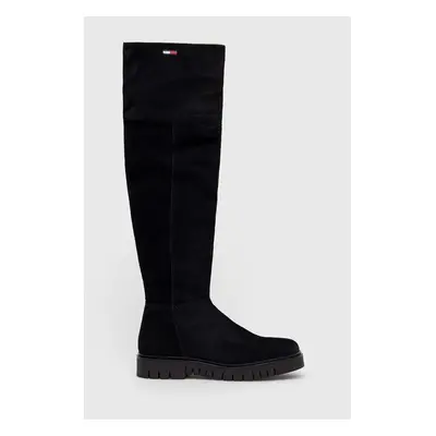 Tommy Jeans csizma velúrból Warmlined Long Boot fekete, női, téliesített, platformos