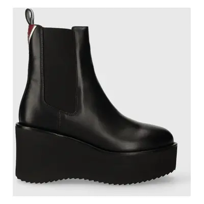 Tommy Hilfiger bőr bokacsizma ELEVATED WEDGE BOOTIE fekete, női, éksarkú, FW0FW07657