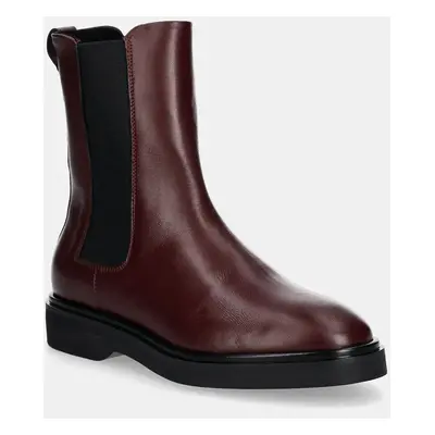 Calvin Klein bőr bokacsizma FLAT CHELSEA BOOT LTH bordó, női, lapos talpú, HW0HW02180