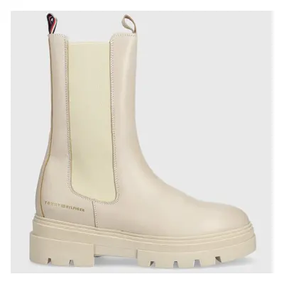 Tommy Hilfiger bőr bokacsizma Monochromatic Chelsea Boot bézs, női, platformos