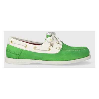 Tommy Hilfiger velúr mokaszin TH BOAT SHOE zöld, női, lapos talpú, FW0FW07066