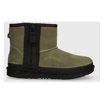 UGG gyerek hócipő velúrból KIDS CLASSIC MINI ZIPPER TAPE zöld