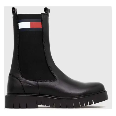 Tommy Jeans bőr bokacsizma TJW LONG CHELSEA BOOT fekete, női, lapos talpú, EN0EN02315