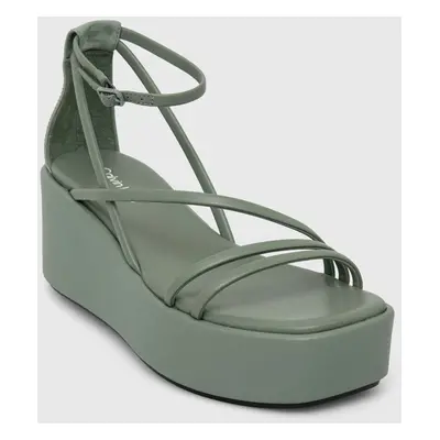 Calvin Klein bőr szandál WEDGE SANDAL LTH zöld, női, platformos, HW0HW01949