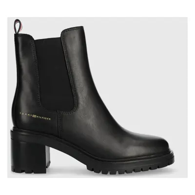 Tommy Hilfiger bőr bokacsizma ESSENTIAL MIDHEEL LEATHER BOOTIE fekete, női, magassarkú, FW0FW075