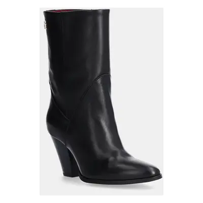 Tommy Hilfiger bőr csizma MID COWBOY HEEL LEATHER fekete, női, magassarkú, FW0FW08253