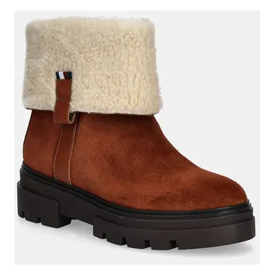 Tommy Hilfiger velúr bokacsizma FAUX FUR SUEDE ROLL-DOWN BOOT barna, téliesített, lapos talpú, F