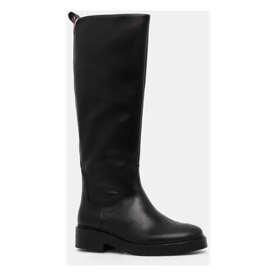 Tommy Hilfiger bőr csizma PREMIUM LEATHER LONG BOOT fekete, női, lapos talpú, FW0FW08180