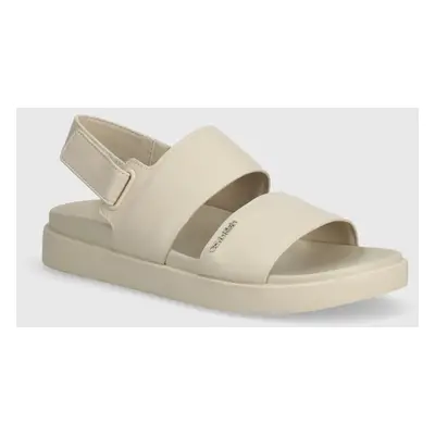 Calvin Klein bőr szandál FLAT SANDAL CALVIN MTL LTH bézs, női, HW0HW01984