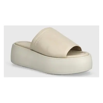 Calvin Klein bőr papucs FLATFORM SLIDE LTH bézs, női, platformos, HW0HW01943