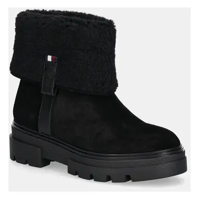 Tommy Hilfiger velúr bokacsizma FAUX FUR SUEDE ROLL-DOWN BOOT fekete, téliesített, lapos talpú, 