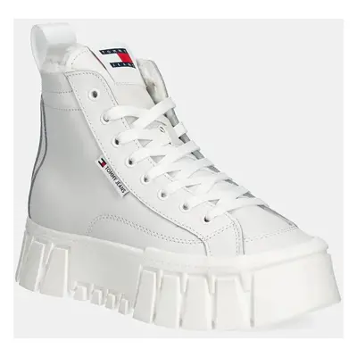 Tommy Jeans bőr sportcipő TJW VULC FLATFORM MC WL fehér, EN0EN02609