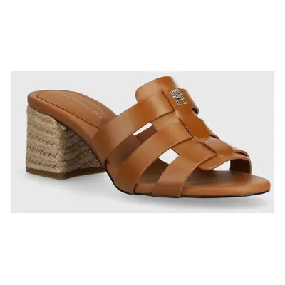 Tommy Hilfiger bőr papucs BLOCK MID HEEL LEATHER SANDAL barna, női, magassarkú, FW0FW08049