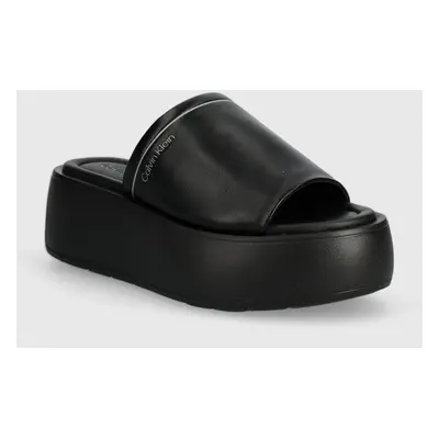 Calvin Klein bőr papucs FLATFORM SLIDE LTH fekete, női, platformos, HW0HW01943