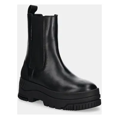 Tommy Jeans bőr bokacsizma TJW CHELSEA FLATFORM BOOT fekete, női, platformos, EN0EN02597