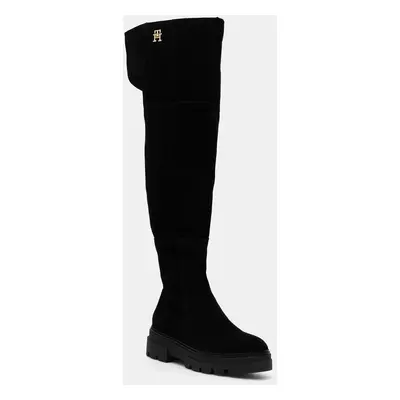 Tommy Hilfiger csizma velúrból SUEDE OVER-THE-KNEE BOOT fekete, női, platformos, FW0FW08159