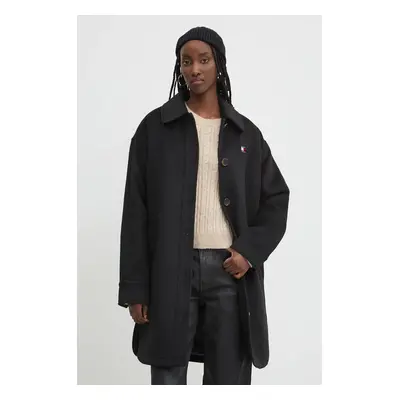 Tommy Jeans kabát gyapjú keverékből fekete, átmeneti, oversize, DW0DW19831