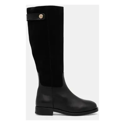 Tommy Hilfiger bőr csizma TH STUD LEATHER MIX LONG BOOT fekete, női, lapos talpú, FW0FW08341