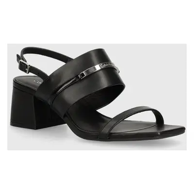 Calvin Klein bőr szandál HEEL SANDAL MET BAR LTH fekete, HW0HW02056