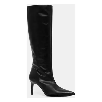 Calvin Klein bőr csizma HEEL KNEE BOOT LTH fekete, női, tűsarkú, HW0HW02162