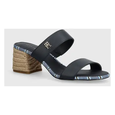 Tommy Hilfiger bőr papucs BLOCK MID HEEL SHIRTING SANDAL sötétkék, női, magassarkú, FW0FW07742