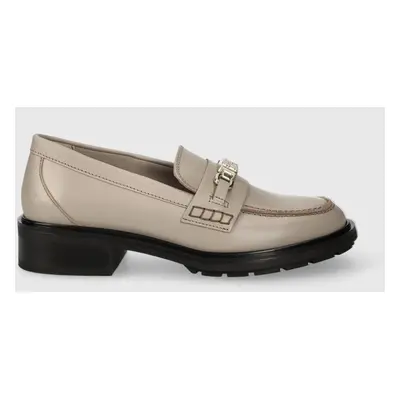 Tommy Hilfiger bőr mokaszin TH HARDWARE LOAFER szürke, női, lapos talpú, FW0FW07765