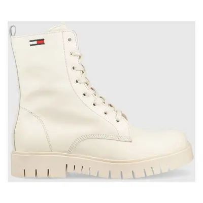 Tommy Jeans bőr bakancs Tommy Jeans Lace Up Wmns Boot bézs, női, lapos talpú