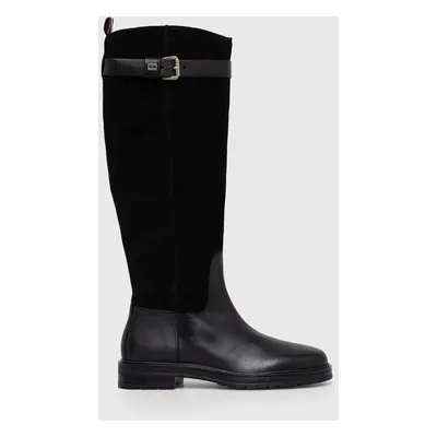 Tommy Hilfiger bőr csizma CASUAL ESSENTIAL BELT LONGBOOT fekete, női, lapos talpú, FW0FW07480