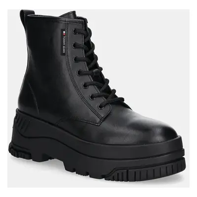 Tommy Jeans bőr csizma TJW LACE UP FLATFORM BOOT fekete, női, platformos, EN0EN02665