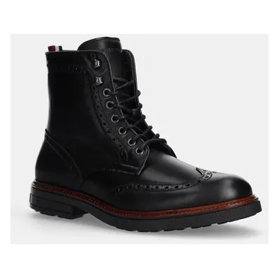 Tommy Hilfiger bőr cipő HILFIGER WARM LTH BROGUE BOOT fekete, férfi, FM0FM05195