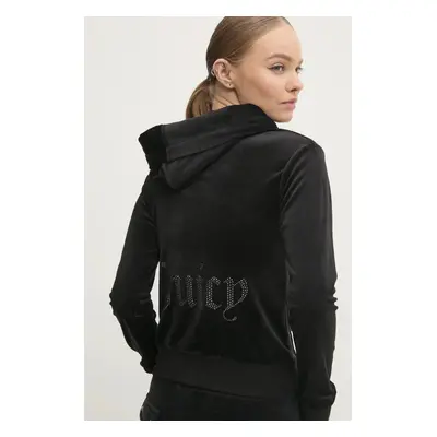 Juicy Couture velúr pulóver ROBERTSON JEWELLED VELOUR HOODIE fekete, sima, kapucnis, JCBAS224814