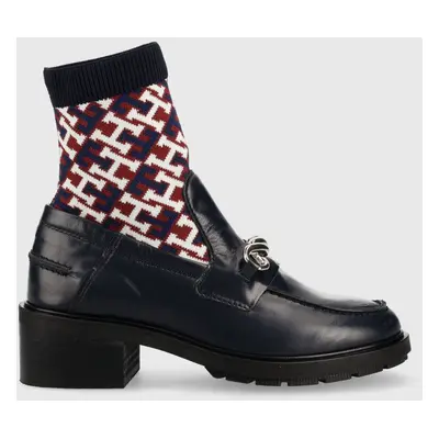 Tommy Hilfiger bőr csizma Tommy Monogram Bootie sötétkék, női, magassarkú