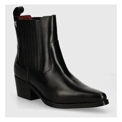 Tommy Hilfiger bőr bokacsizma TH LEATHER COWBOY BOOT fekete, női, magassarkú, FW0FW08033