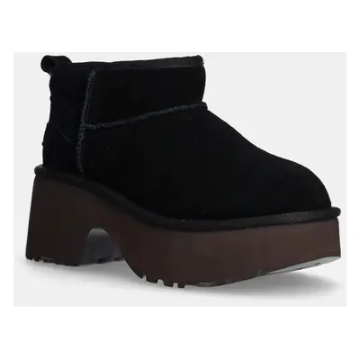 UGG velúr bokacsizma Classic Ultra Mini New Heights fekete, női, téliesített, magassarkú, 115831