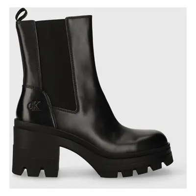 Calvin Klein Jeans bőr csizma CHUNKY HEELED CHELSEA BOOT LTH fekete, női, magassarkú, YW0YW01112