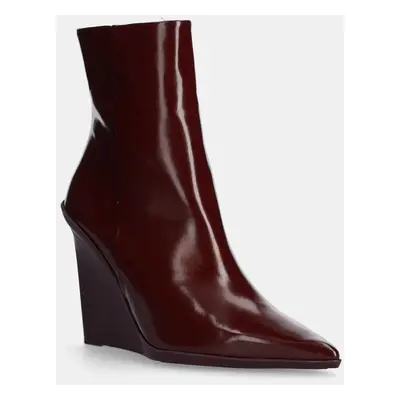 Calvin Klein bőr csizma WEDGE ANKLE BOOT LTH bordó, női, éksarkú, HW0HW02256