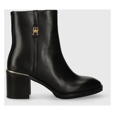 Tommy Hilfiger bőr csizma FEMININE TH HARDWARE MID BOOTIE fekete, női, magassarkú, FW0FW07539