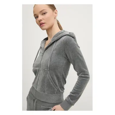 Juicy Couture velúr pulóver ROBERTSON CLASS szürke, sima, kapucnis, JCAP176