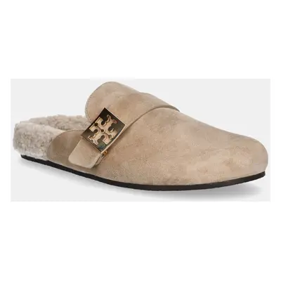 Tory Burch papucs velúrból Mellow Shearling Mule bézs, női