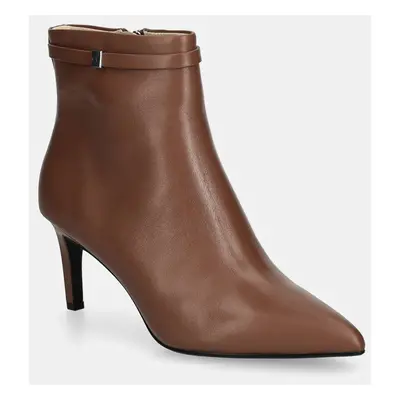 Calvin Klein bőr csizma HEEL ANKLE BOOT W/HW LTH barna, női, tűsarkú, HW0HW02172