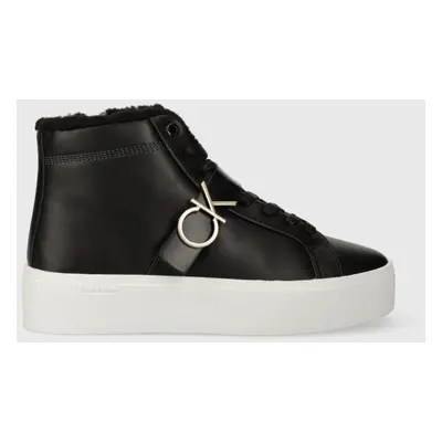 Calvin Klein bőr sneaker FLATFORM CUPSOLE HIGHTOP W/HW WL fekete, női, HW0HW01667