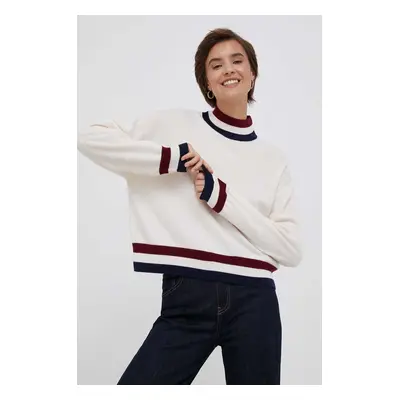 Tommy Hilfiger gyapjú pulóver könnyű, női, bézs, félgarbó nyakú