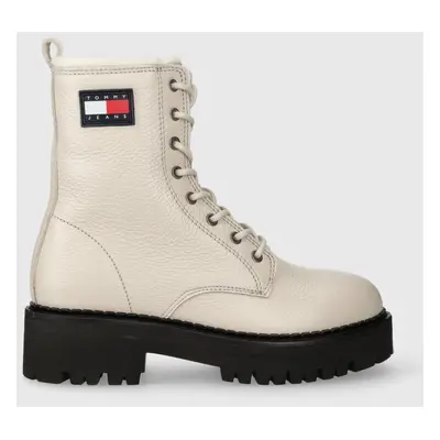 Tommy Jeans bőr bakancs TJW URBAN BOOT TUMBLED LTR WL bézs, női, téliesített, lapos talpú, EN0EN