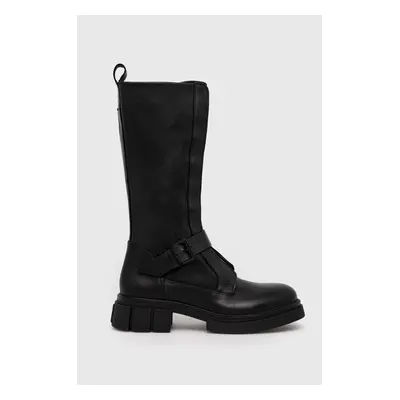 Tommy Hilfiger bőr csizma COOL MONOCHROMATIC BIKERBOOT fekete, női, lapos talpú, FW0FW07338