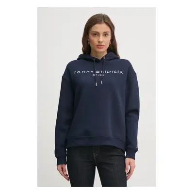 Tommy Hilfiger felső sötétkék, női, nyomott mintás, kapucnis, WW0WW43598