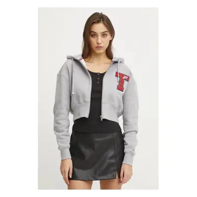 Tommy Jeans pamut melegítőfelső szürke, női, melange, kapucnis, DW0DW20535