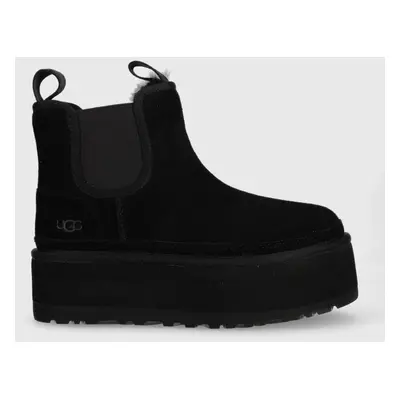 UGG magasszárú cipő velúrból W Neumel Platform Chelsea fekete, női, téliesített, platformos