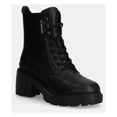 Tommy Jeans bokacsizma TJW MID HEEL BOOT LEATHER fekete, női, magassarkú, EN0EN02640