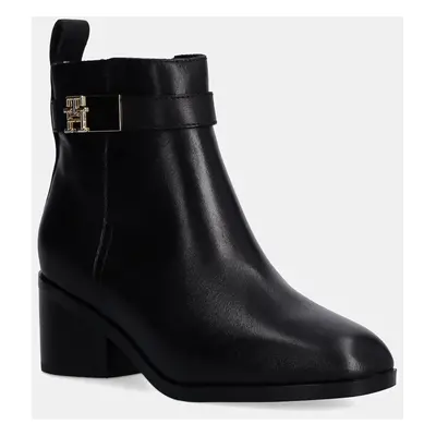 Tommy Hilfiger bőr csizma TH LOGO MID HEEL BOOTIE fekete, női, magassarkú, FW0FW08179