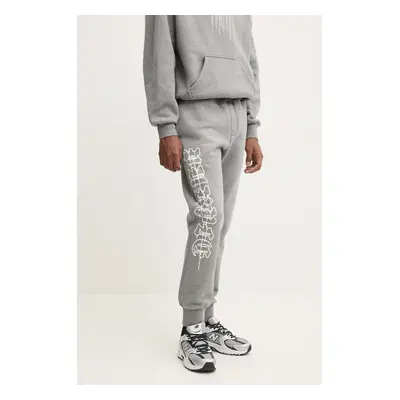 PURPLE BRAND pamut melegítőnadrág HWT FLEECE JOGGER szürke, nyomott mintás, P490-HHGG125